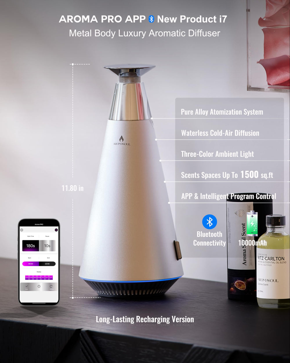 AROMASOUL diffuser with ambient light in silver creates mood ambience