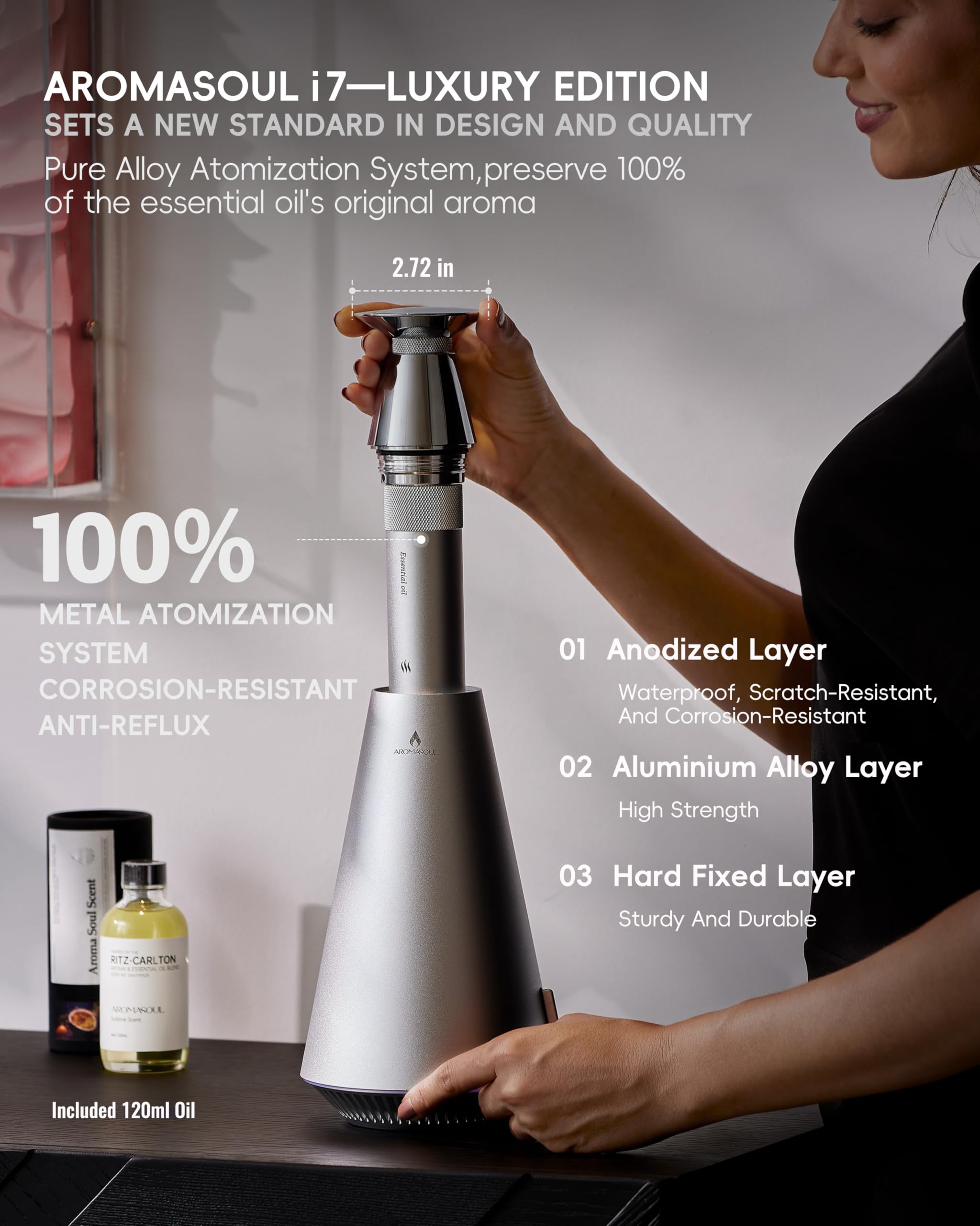 AROMASOUL waterless diffuser silver, rechargeable battery for cordless use