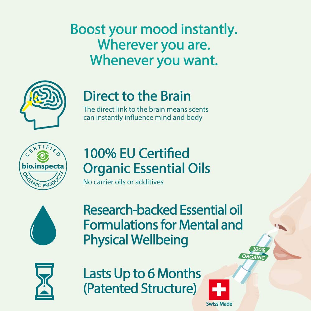 AromaStick organic essential oils set showing natural ingredients for targeted mood boosts.