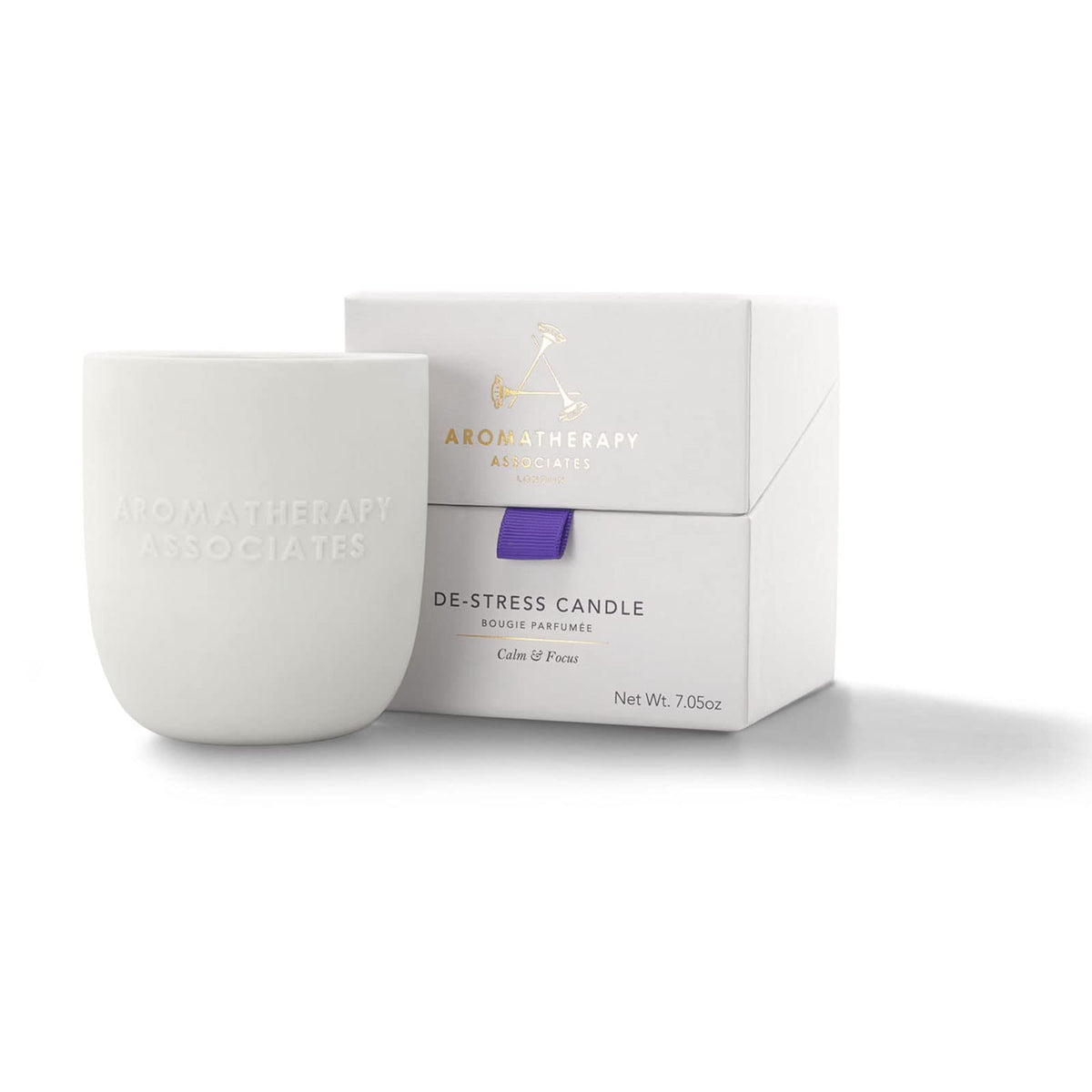 Aromatherapy Associates De-Stress Candle front view in a minimalist ceramic holder