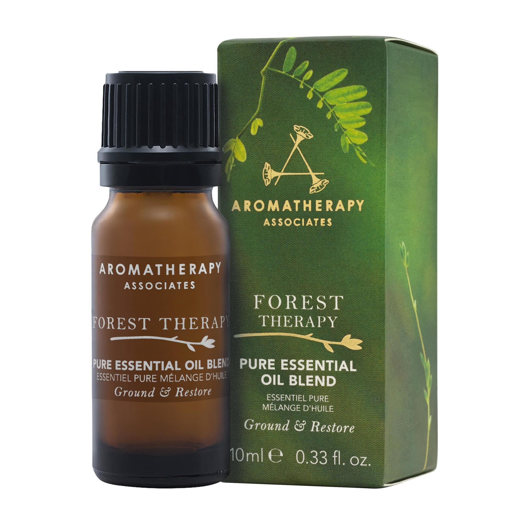 Aromatherapy Associates Forest Therapy bottle closeup for grounding and serene focus.