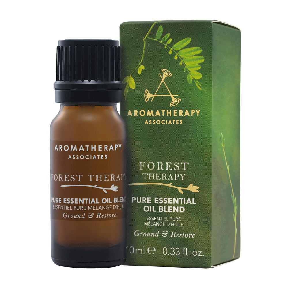 Aromatherapy Associates Forest Therapy bottle closeup for grounding and serene focus.