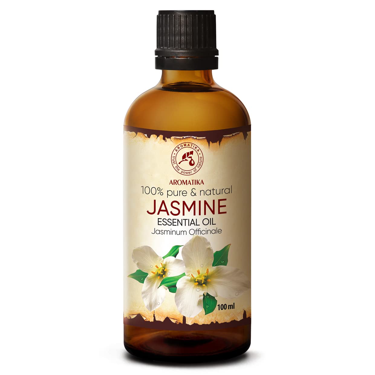 AROMATIKA Jasmine Essential Oil bottle pour offers a warm, mood-enhancing aroma.