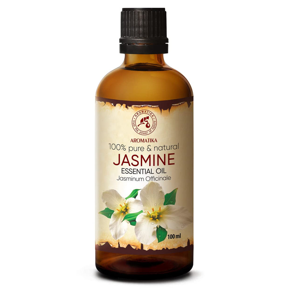 AROMATIKA Jasmine Essential Oil bottle pour offers a warm, mood-enhancing aroma.