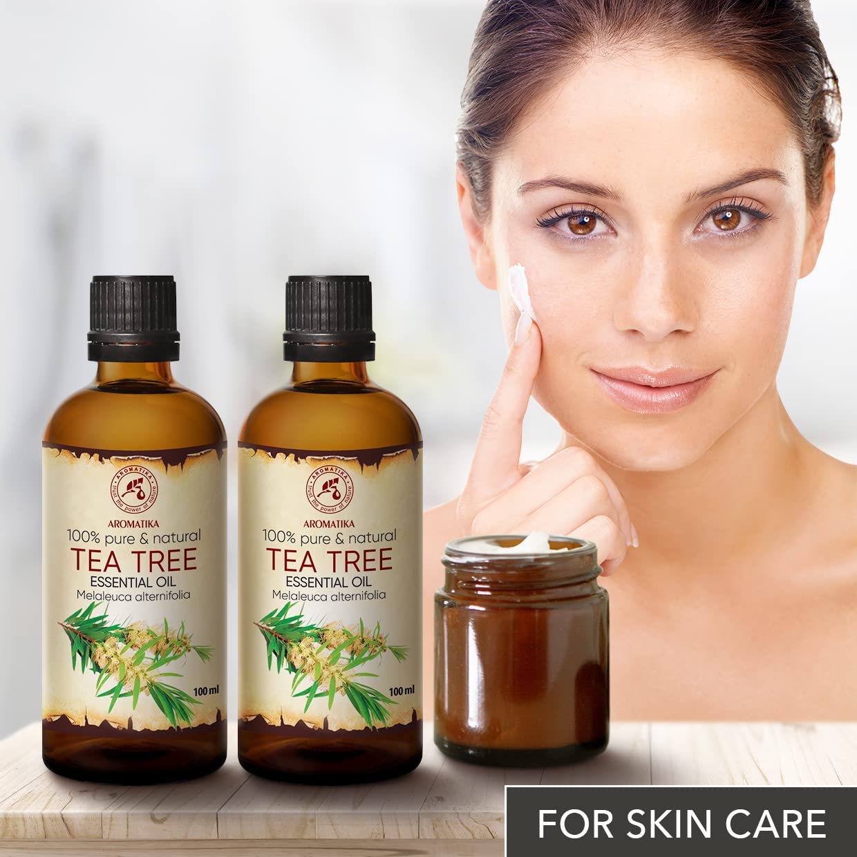 AROMATIKA Tea Tree Oil beauty routine featuring natural antiseptic notes.