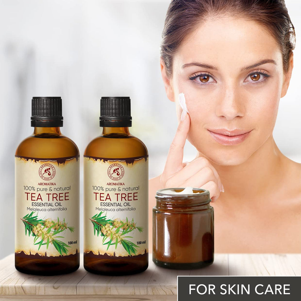 AROMATIKA Tea Tree Oil beauty routine featuring natural antiseptic notes.