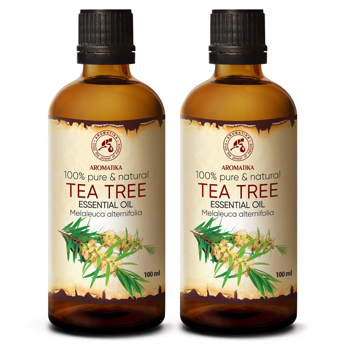 AROMATIKA Tea Tree Oil bottle front for versatile beauty and aromatherapy use.