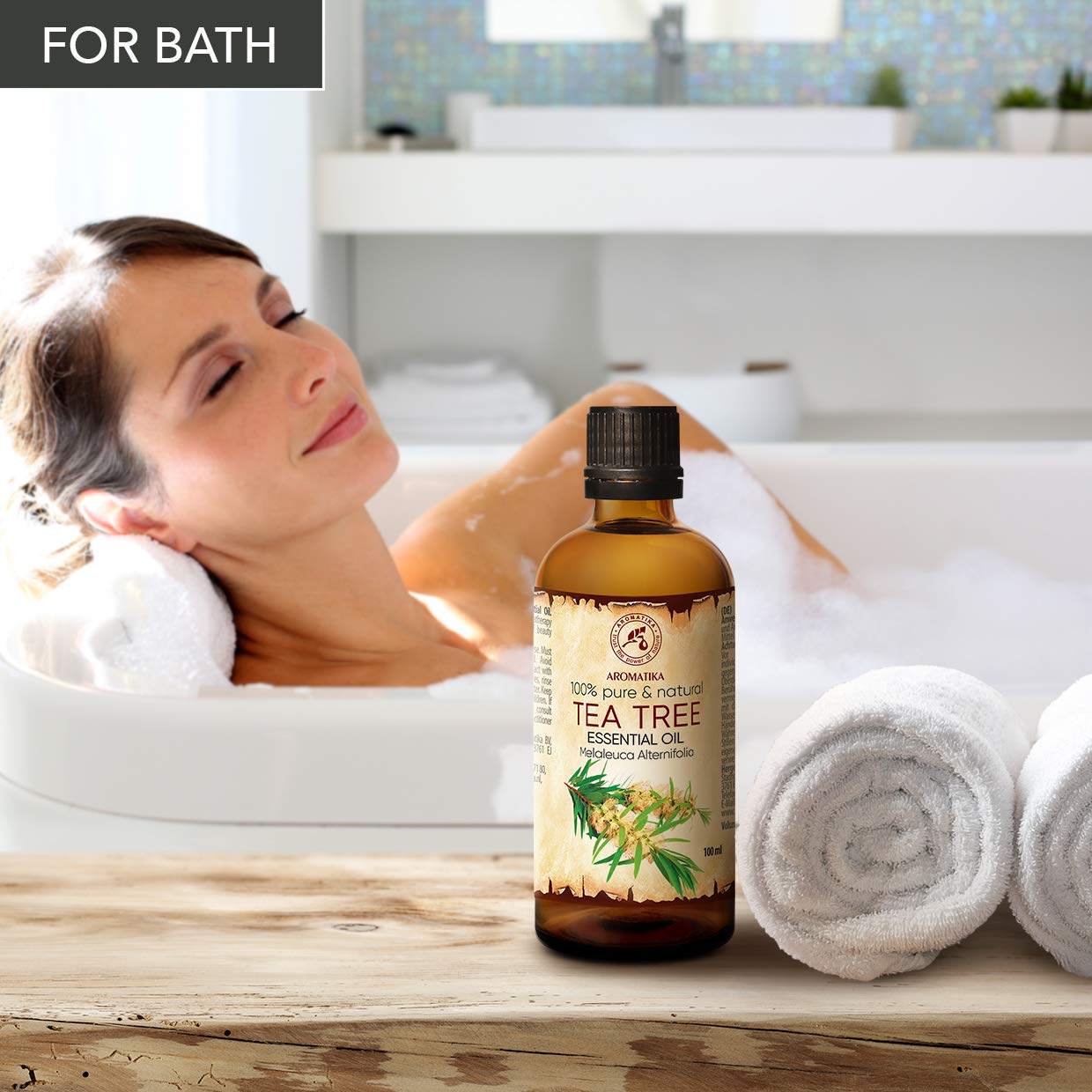 AROMATIKA Tea Tree Oil cleaning scene illustrating multipurpose home care.