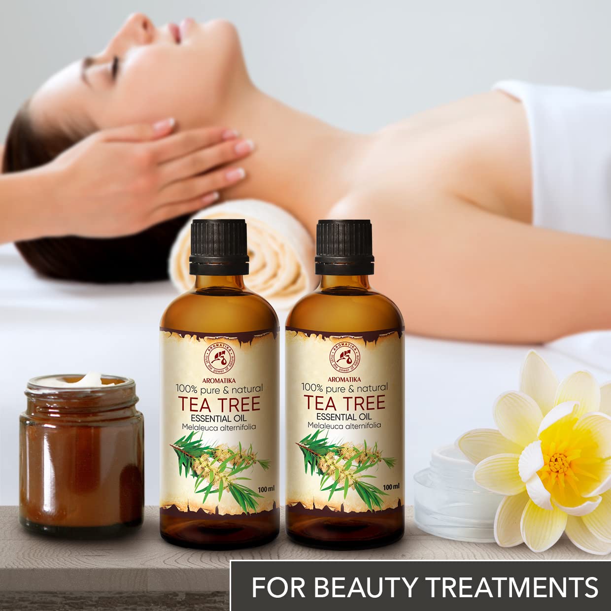 AROMATIKA Tea Tree Oil diffuser scene emphasizing calming aroma and ambience.