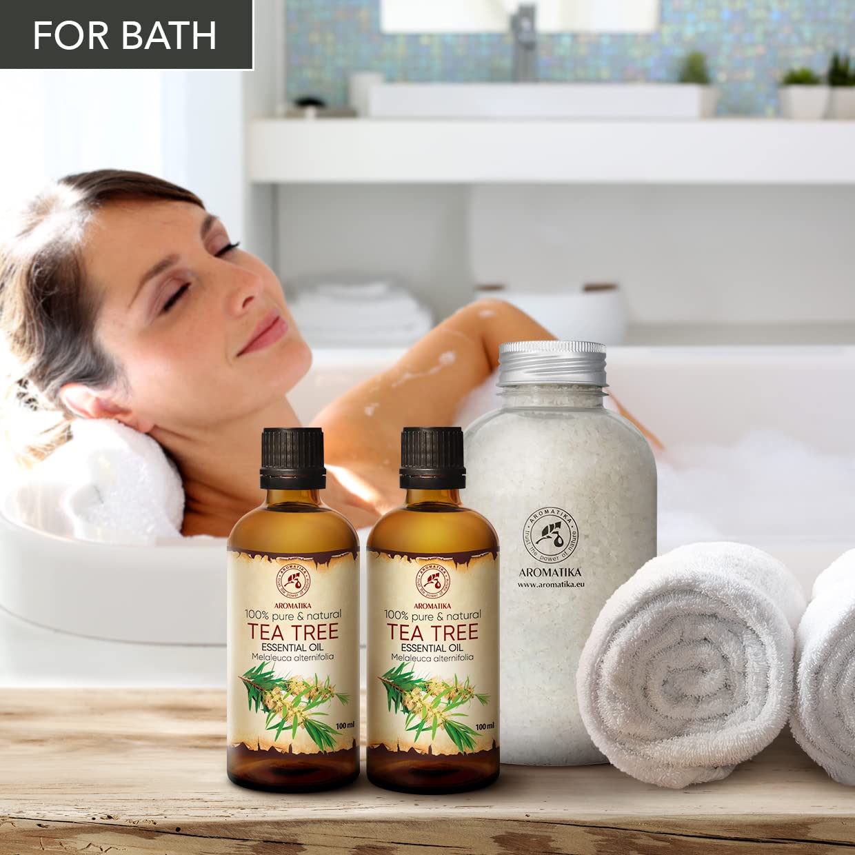 AROMATIKA Tea Tree Oil leaf closeup showcasing natural origin and purity.