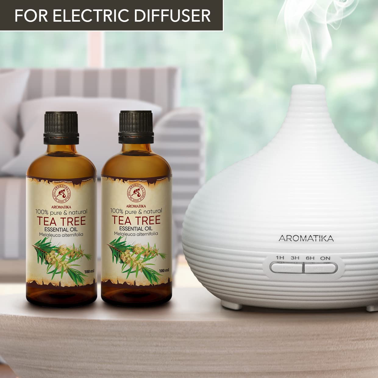 AROMATIKA Tea Tree Oil massage application highlighting soothing routine possibilities.
