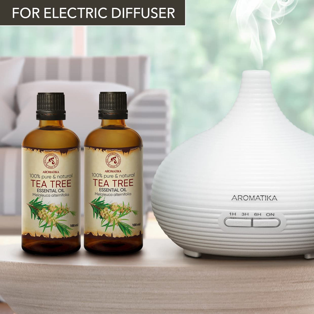 AROMATIKA Tea Tree Oil massage application highlighting soothing routine possibilities.