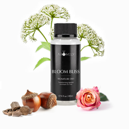 AROMELY Bloom Bliss bottle highlights a luxurious scent for everyday relaxation.