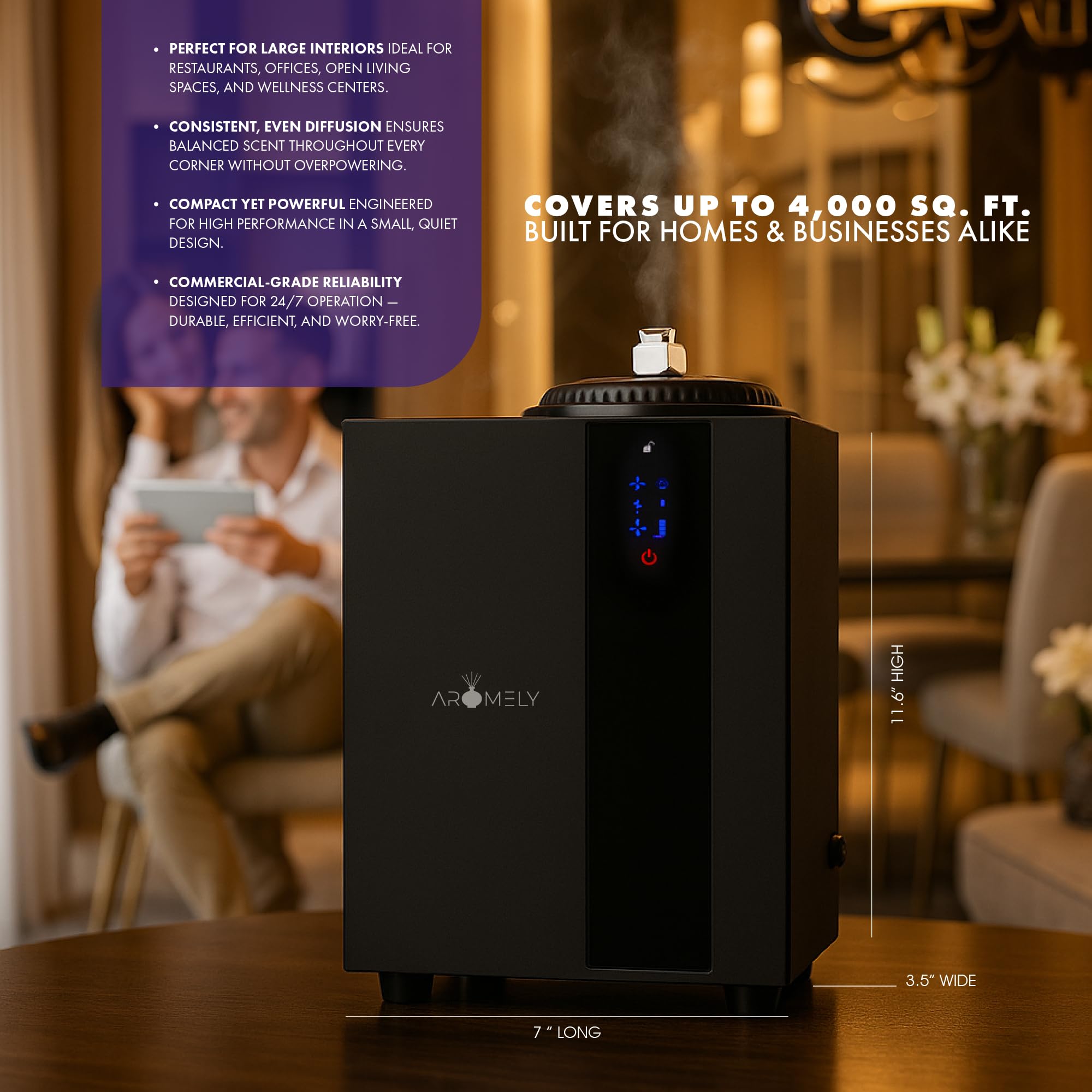 AROMELY cold air diffusion technology delivers fine fragrance particles without heat.
