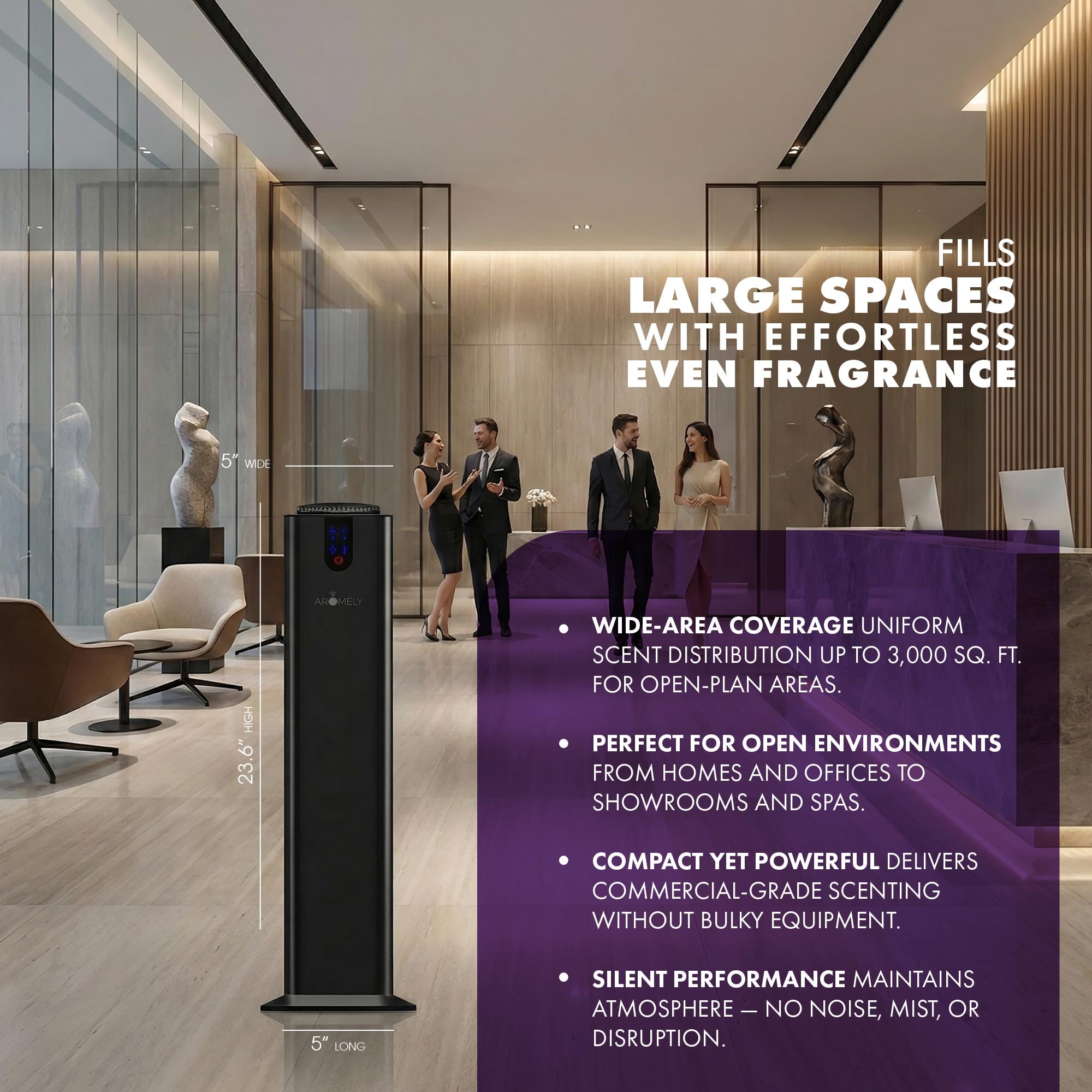 Aromely diffuser with luxurious metal design suitable for hotels or offices.