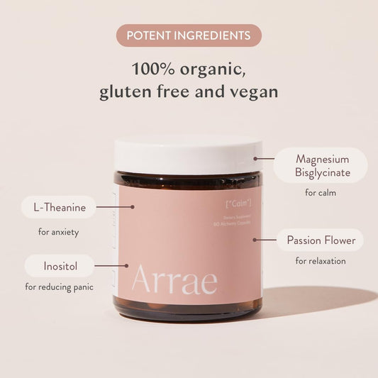 Arrae Calm bottle dispensing capsules for easy daily use.