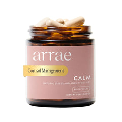 Arrae Calm capsules close-up showing non-drowsy mood support for busy days.