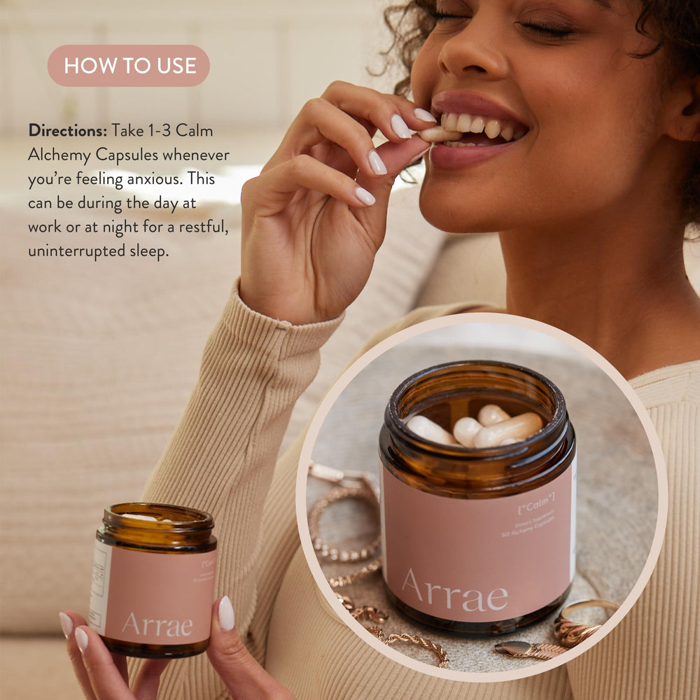 Arrae Calm label ingredients focusing on L-Theanine, Inositol, Passionflower, Magnesium.