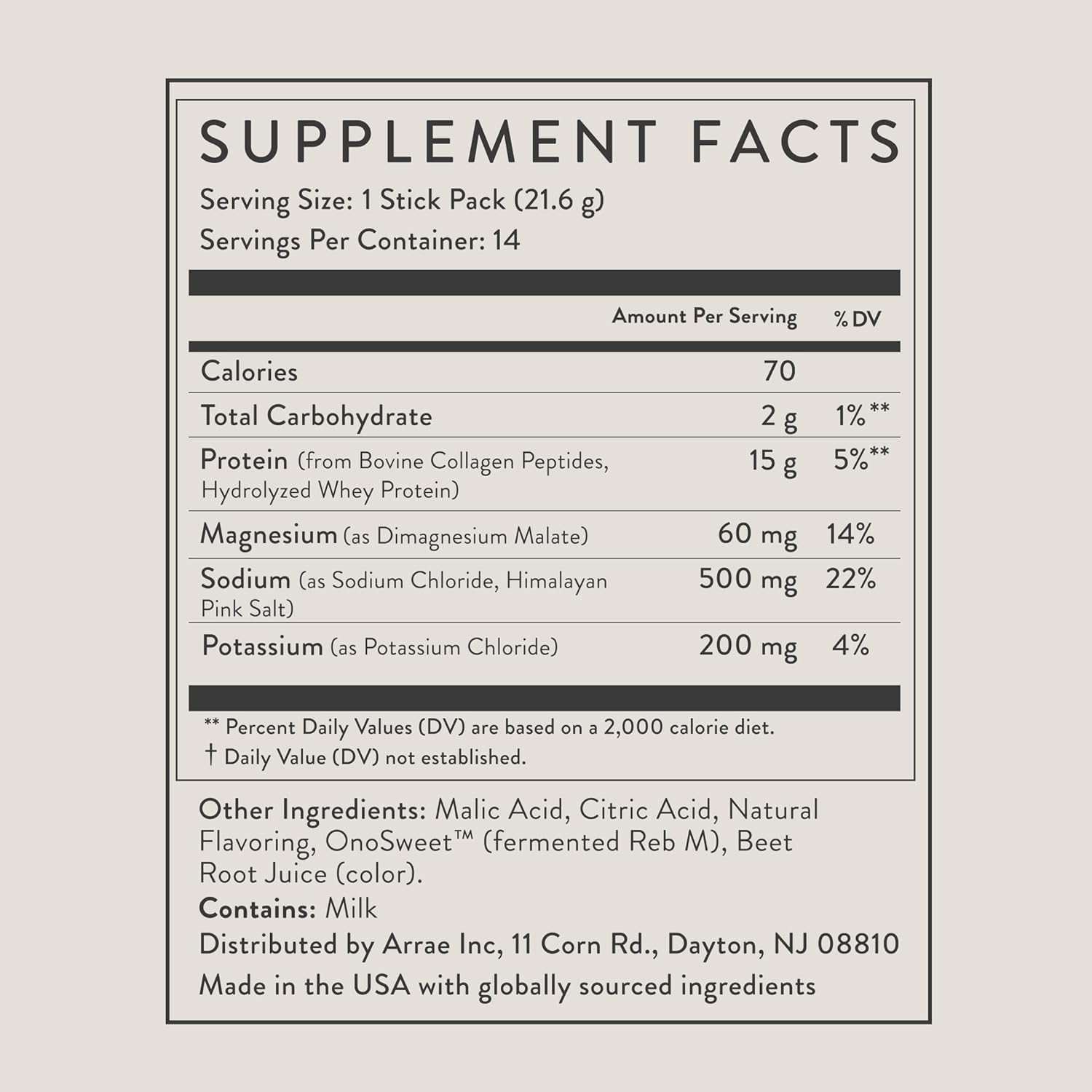 Arrae Clear Protein clean formula label emphasizes natural ingredients and electrolytes