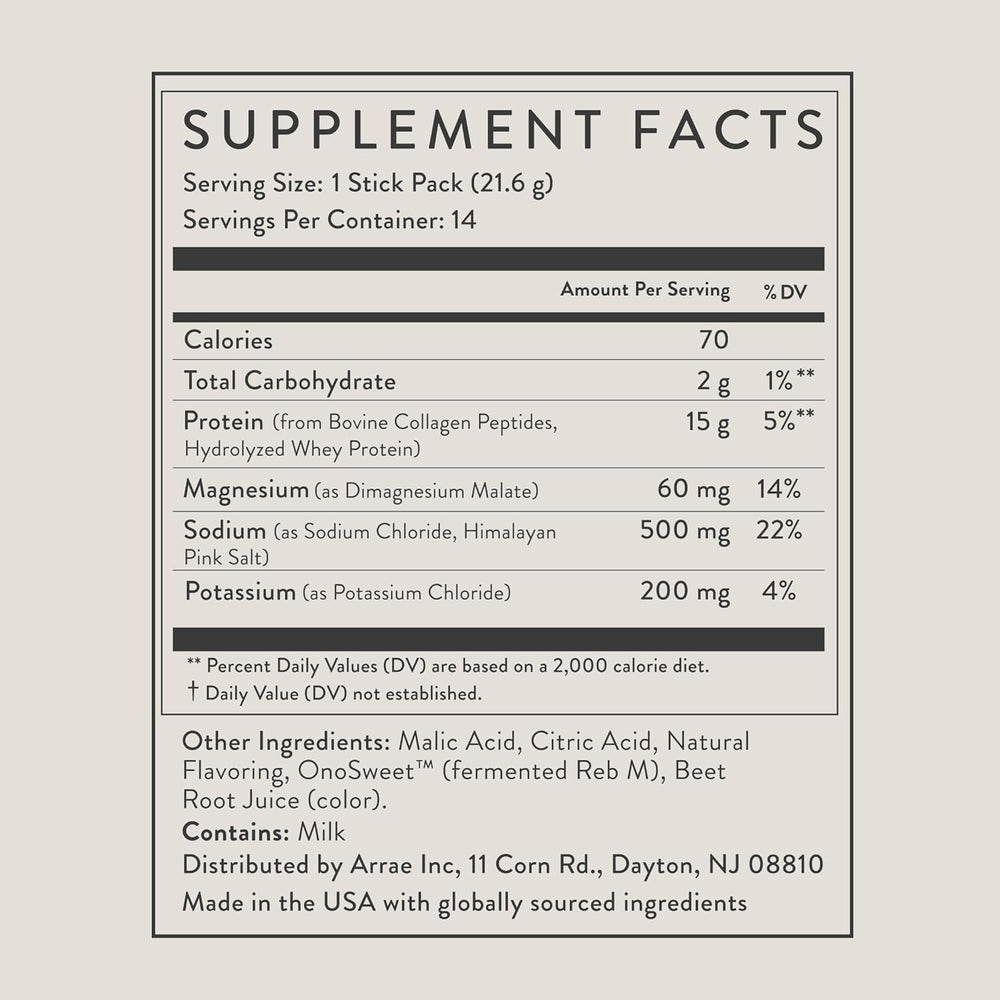 Arrae Clear Protein clean formula label emphasizes natural ingredients and electrolytes