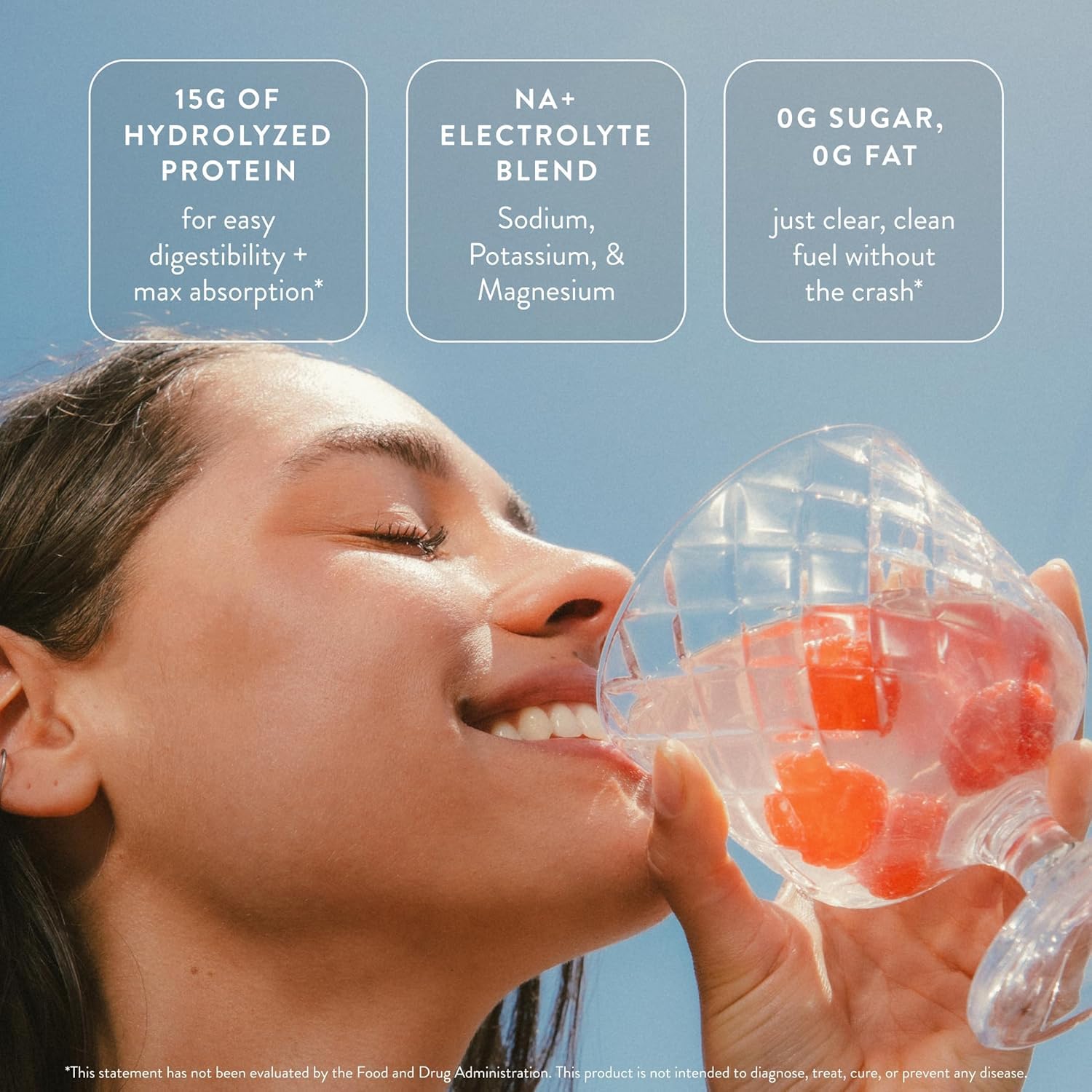 Arrae Clear Protein ingredients closeup showcases clean formula with natural acids