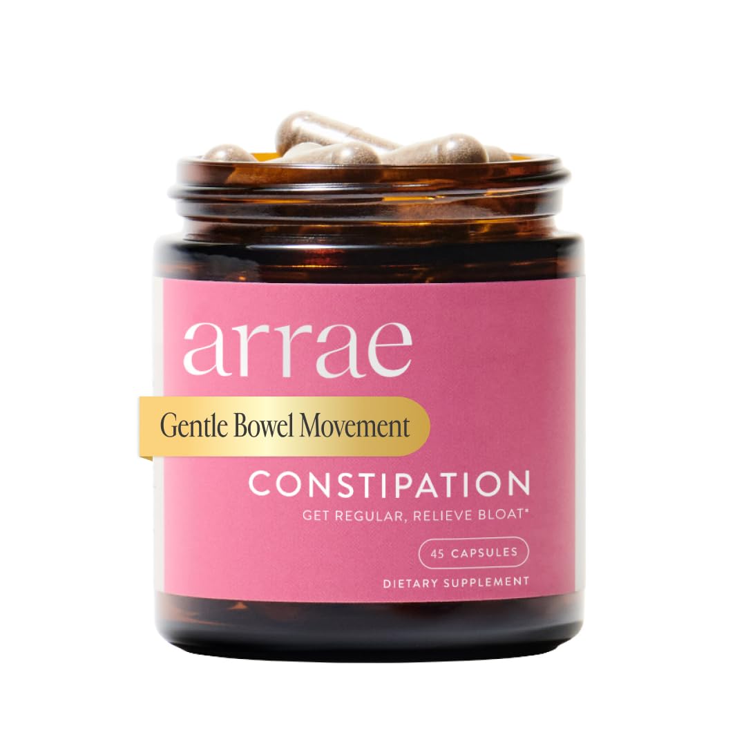 Arrae constipation relief capsules bottle front view for gentle daily support.