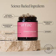 Arrae botanicals illustration highlighting natural ingredients for gentle gut balance.