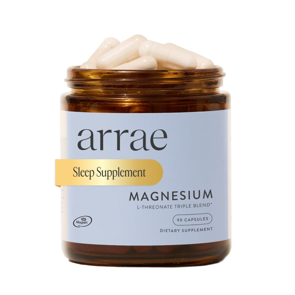 Arrae magnesium supplement bottle front highlighting 90 capsules for mood and sleep support