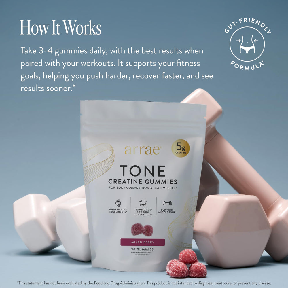Close-up of Arrae Tone gummies pouring from the bottle for easy daily use.