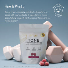 Close-up of Arrae Tone gummies pouring from the bottle for easy daily use.