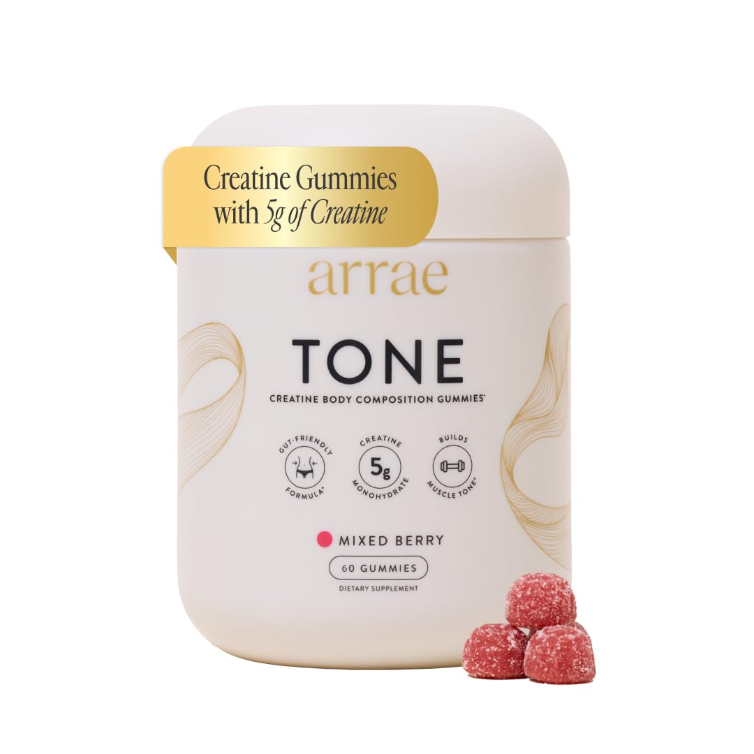Arrae Tone Gummies bottle on shelf showing sleek packaging and berry flavor benefits.