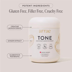Arrae Tone Gummies closeup berry, convenient daily wellness for recovery.