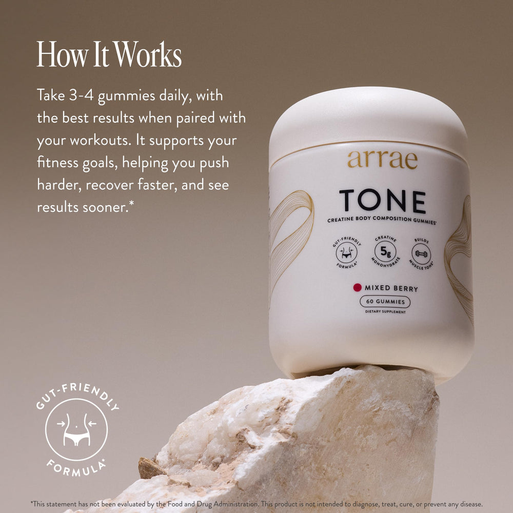 Arrae Tone Gummies pour shot, ideal to mix with water after workouts.