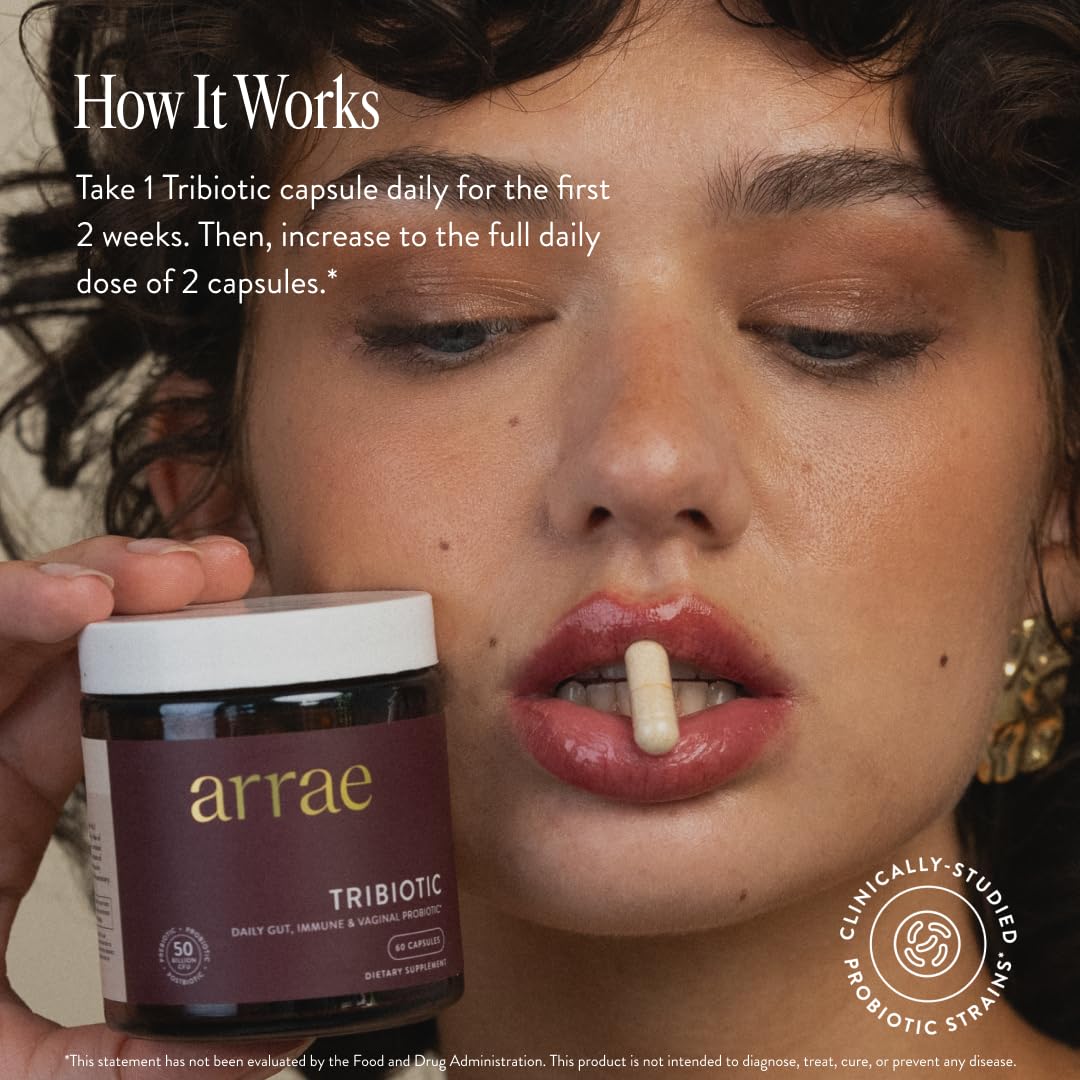 Arrae Tribiotic bottle back label detailing ingredients and usage for daily wellness