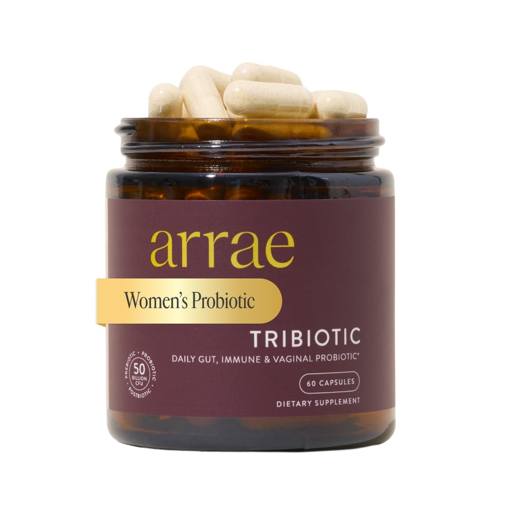 Arrae Tribiotic bottle front view showing packaging and probiotic blend for gut and vaginal balance