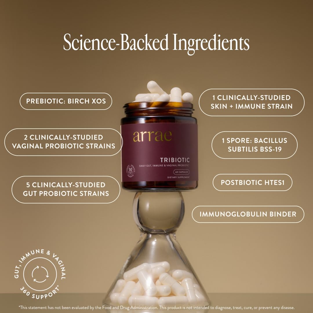 Arrae Tribiotic capsules close-up emphasizing the probiotic blend for gut health