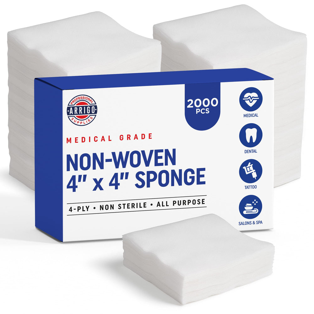 Arrigo 4x4 non-woven sponges in sealed packaging for reliable wound care prep.