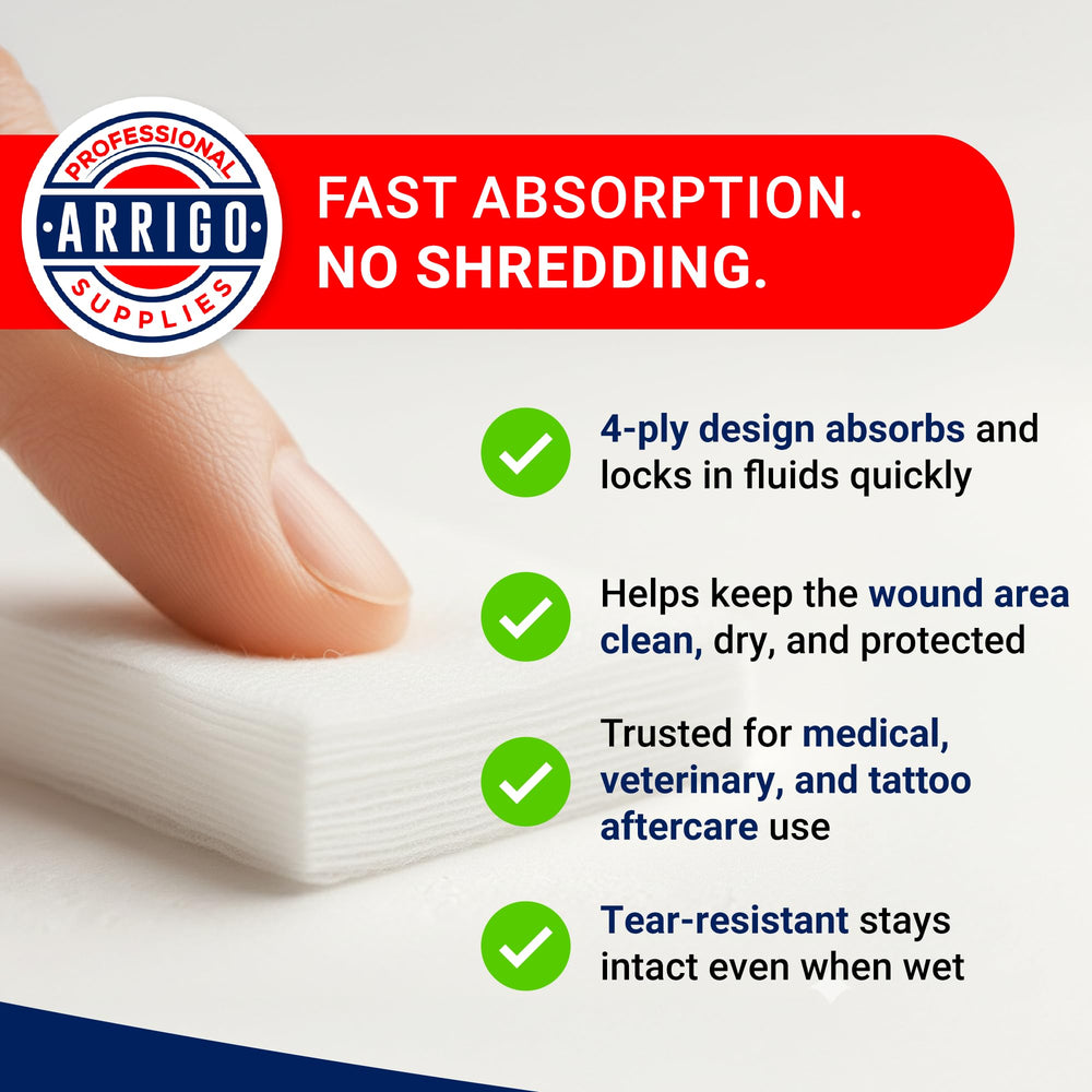 Thick 4-ply design of Arrigo sponges provides high absorbency for wound care tasks.