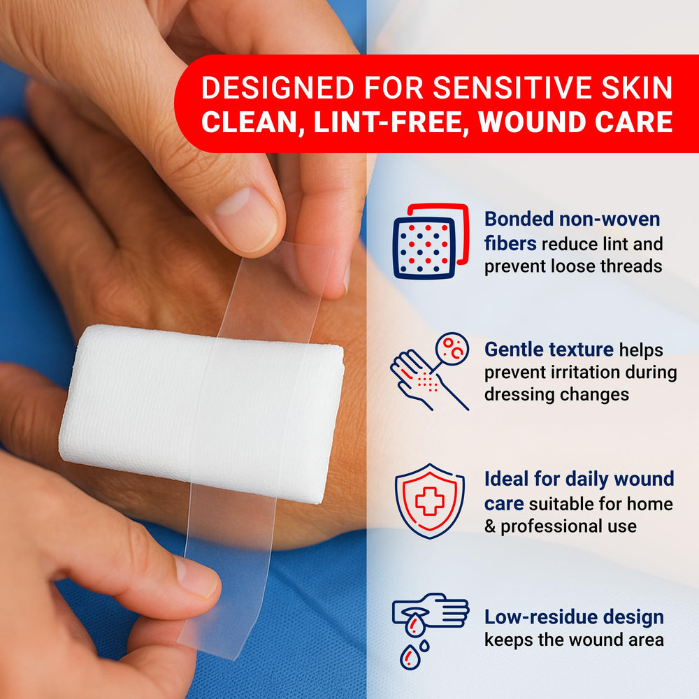 Arrigo lint-free wound care sponges reduce lint during dressing changes and enhance comfort.