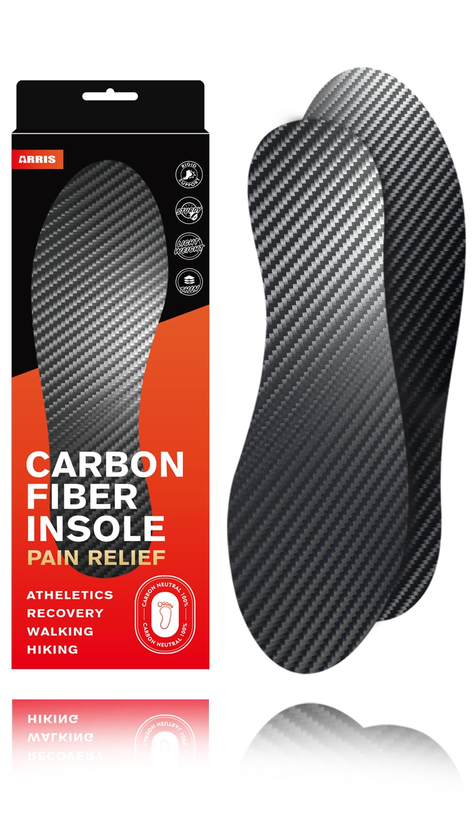 ARRIS carbon fiber insole packaging shows compact, travel-friendly design.