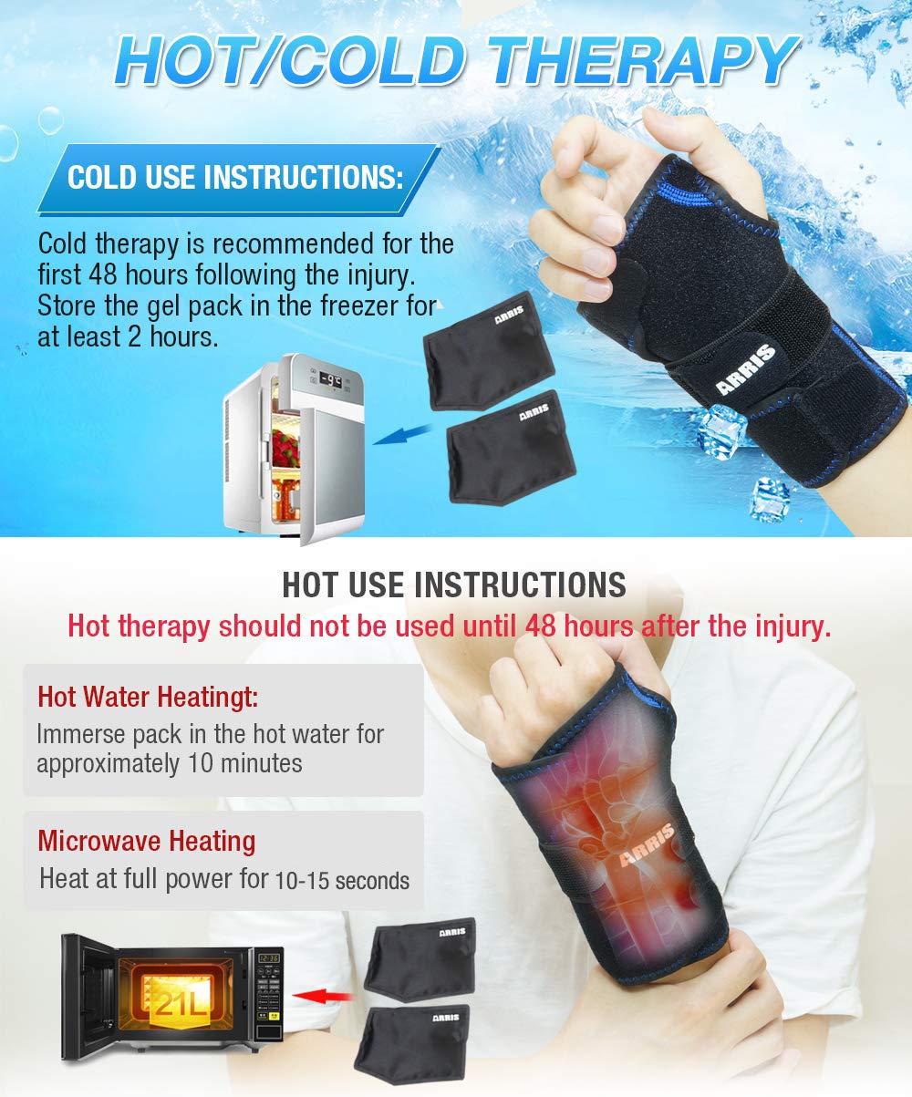 ARRIS wrist wrap showing removable gel packs for flexible hot and cold therapy