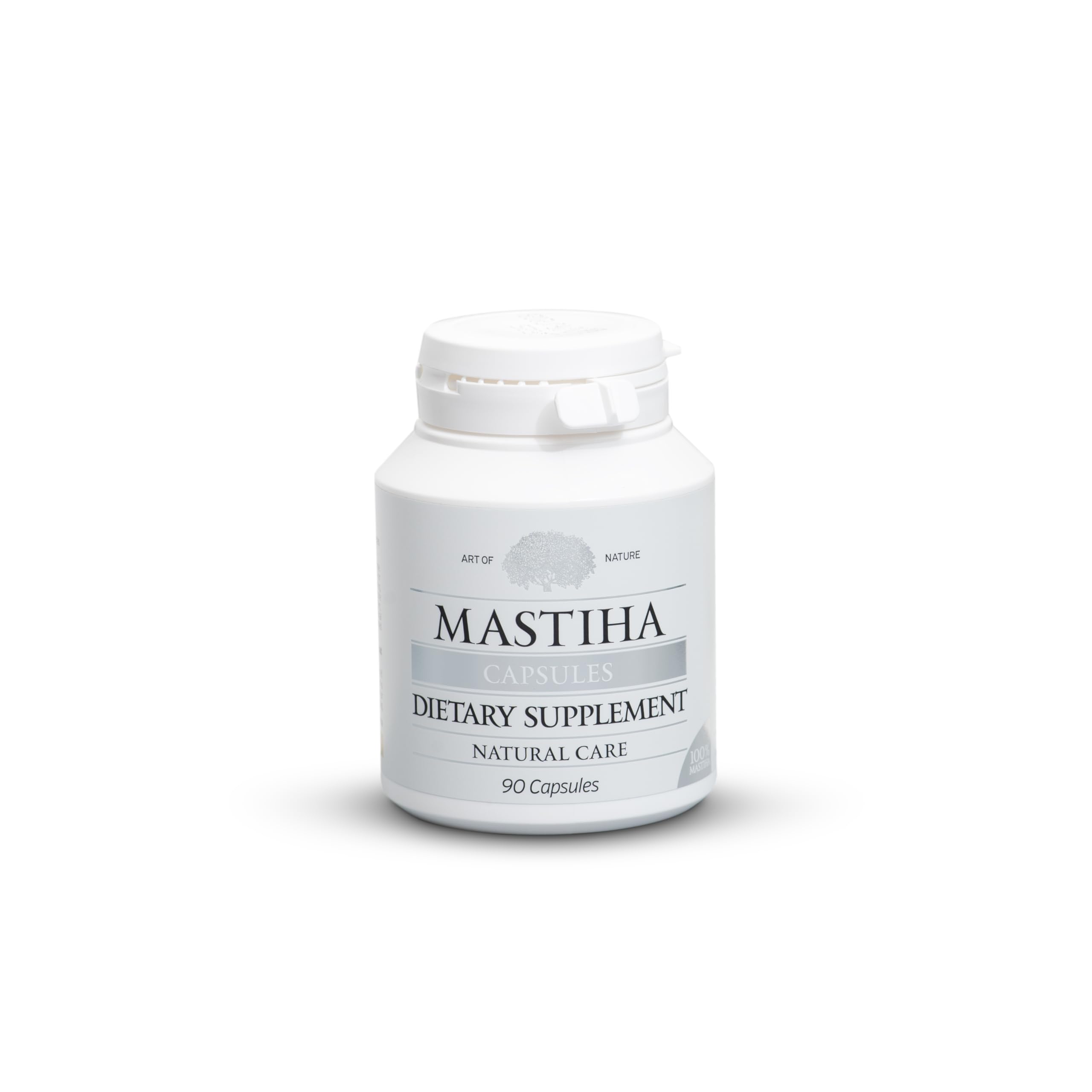 ART OF NATURE MASTIHA bottle closeup showing 350mg capsules for digestive support