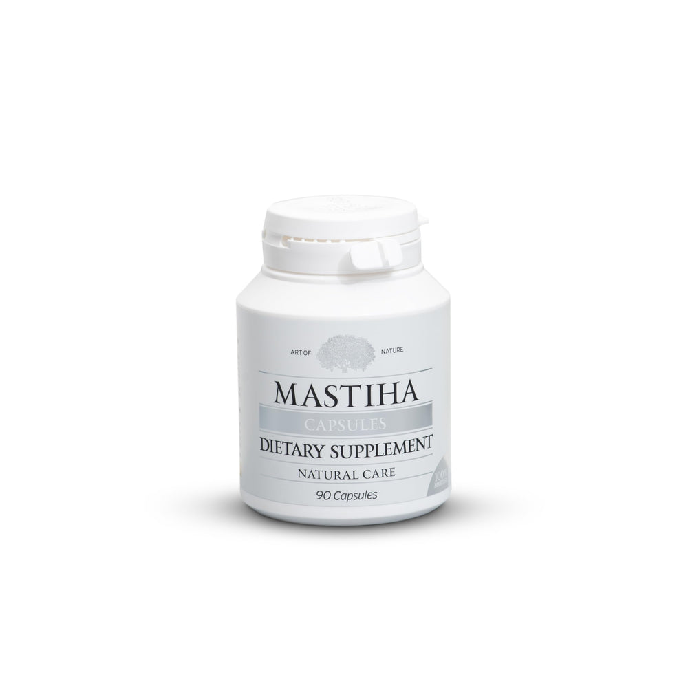 ART OF NATURE MASTIHA bottle closeup showing 350mg capsules for digestive support