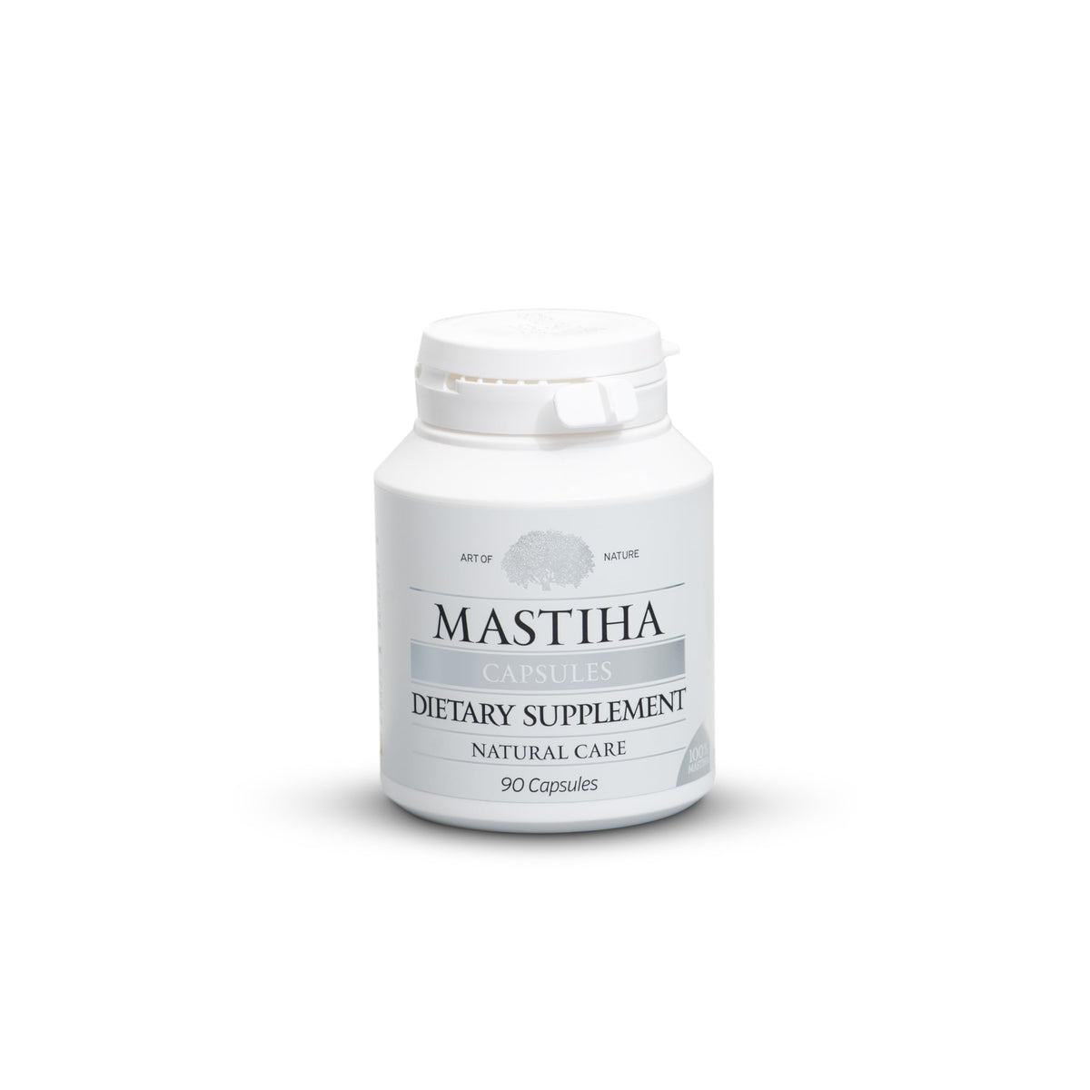 ART OF NATURE MASTIHA bottle closeup showing 350mg capsules for digestive support