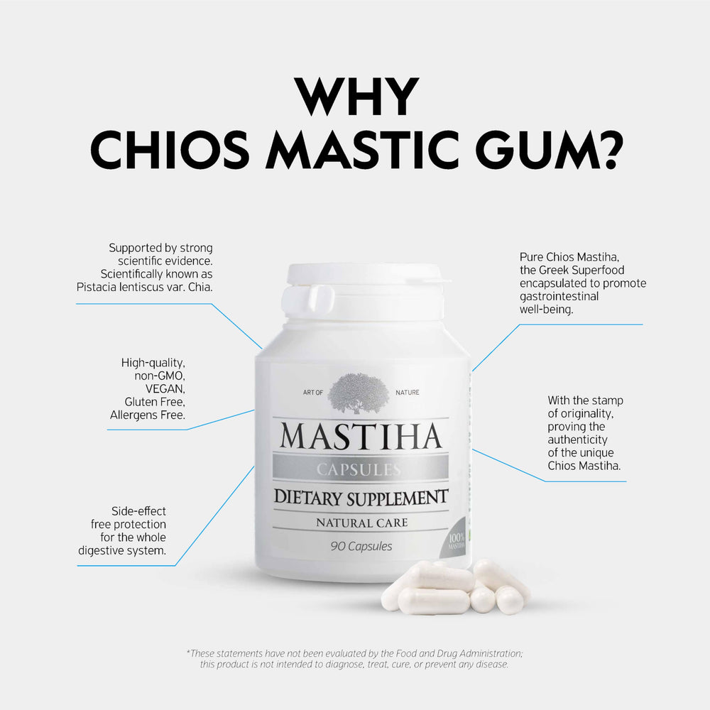 ART OF NATURE MASTIHA label detail emphasizing pure mastiha resin for natural support
