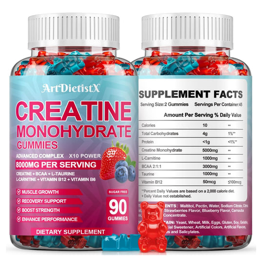 ArtDietistX creatine gummies strawberry flavor bottle for energy during workouts.