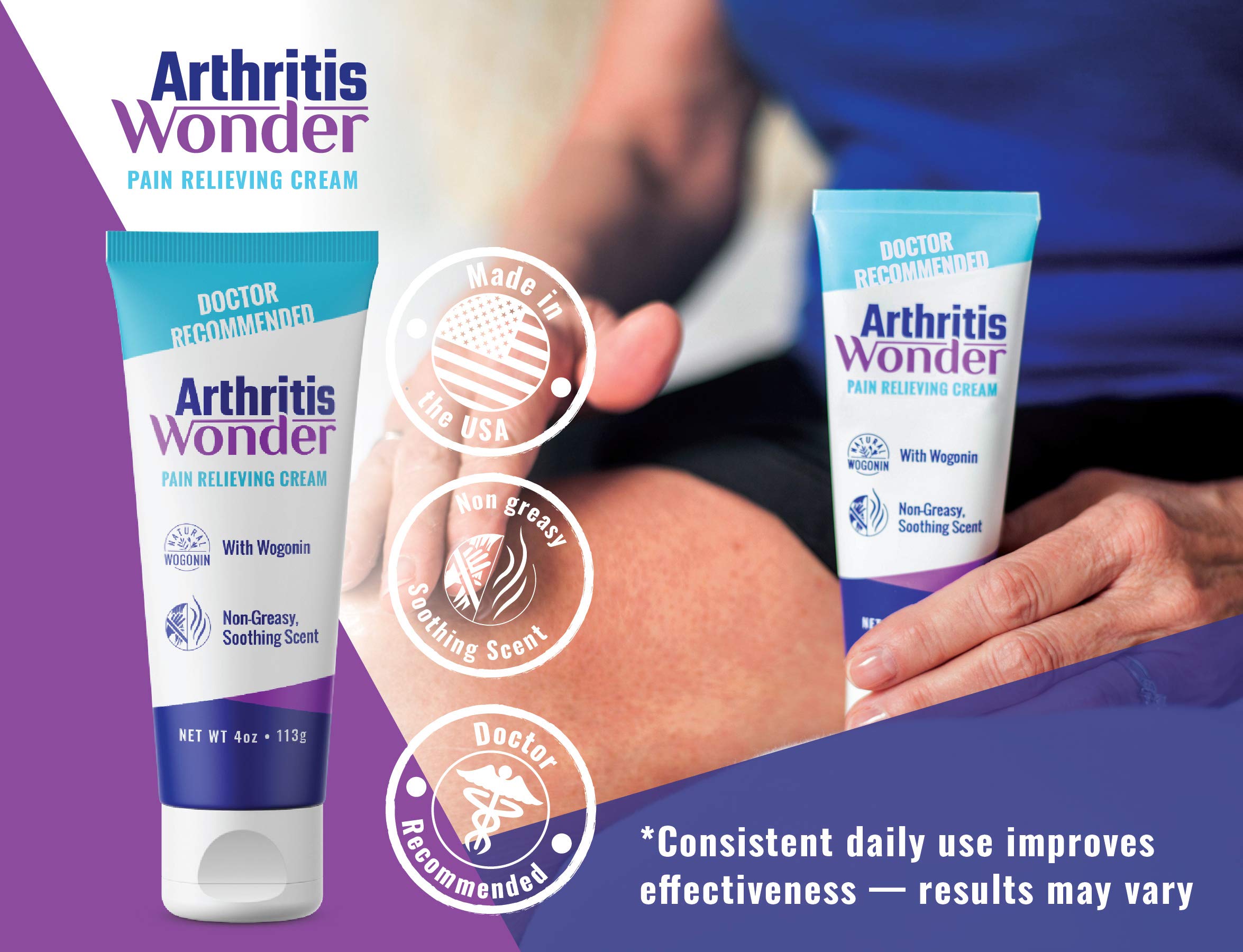 Arthritis Wonder application on knee to soothe discomfort.