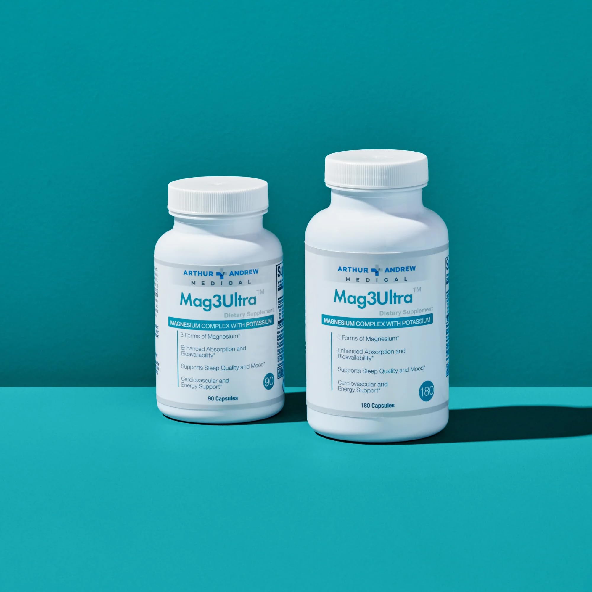 Arthur Andrew Mag3Ultra bottle with glass suggests convenient daily magnesium routine
