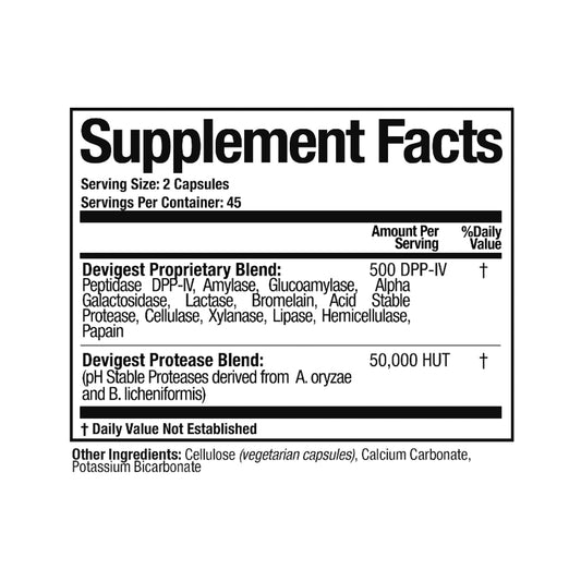Arthur Andrew Medical Devigest capsule closeup highlights a potent enzyme blend for sensitive foods