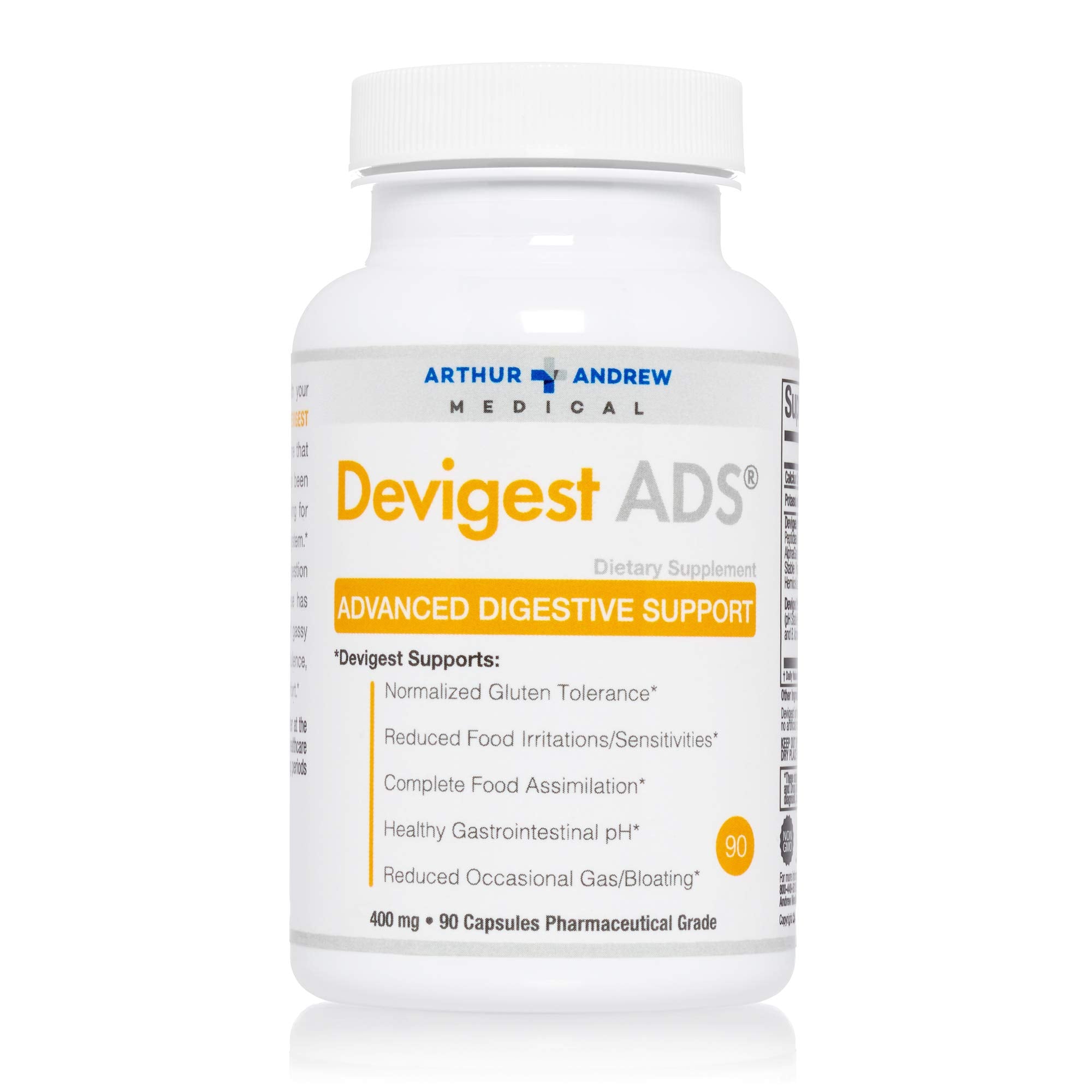 Arthur Andrew Medical Devigest packaging front emphasizes concentrated formula for digestion support